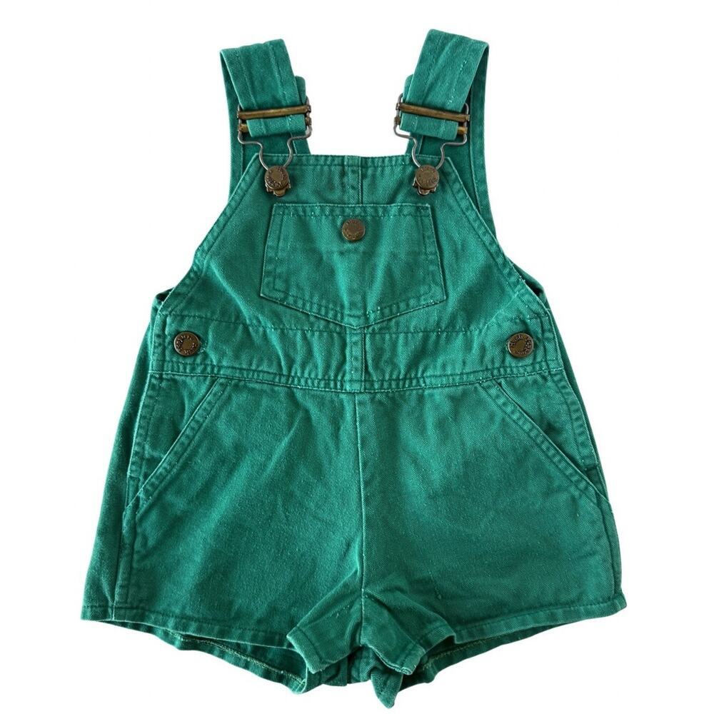 Vintage Hush Puppies Baby Shortalls Green Denim Overalls Romper Snap Bottom